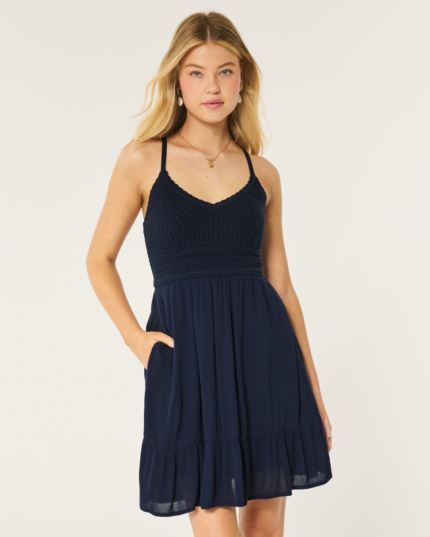 Mixed Fabric Mini Dress with Pockets