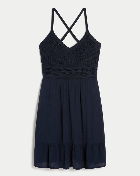 Mixed Fabric Mini Dress with Pockets